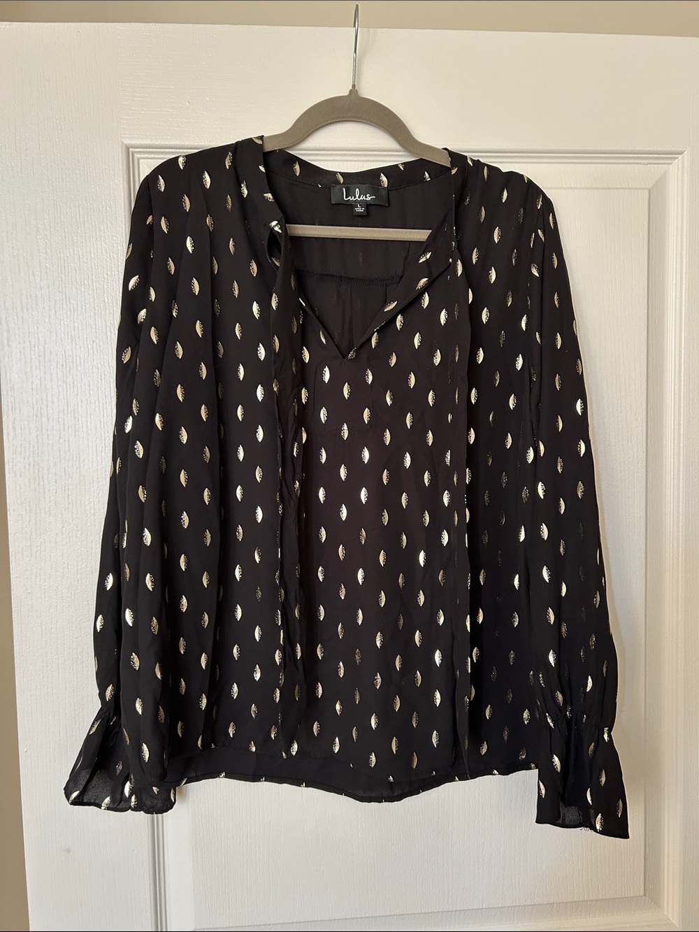 Lulu's Black Blouse with Gold Metallic Dot Print Size L